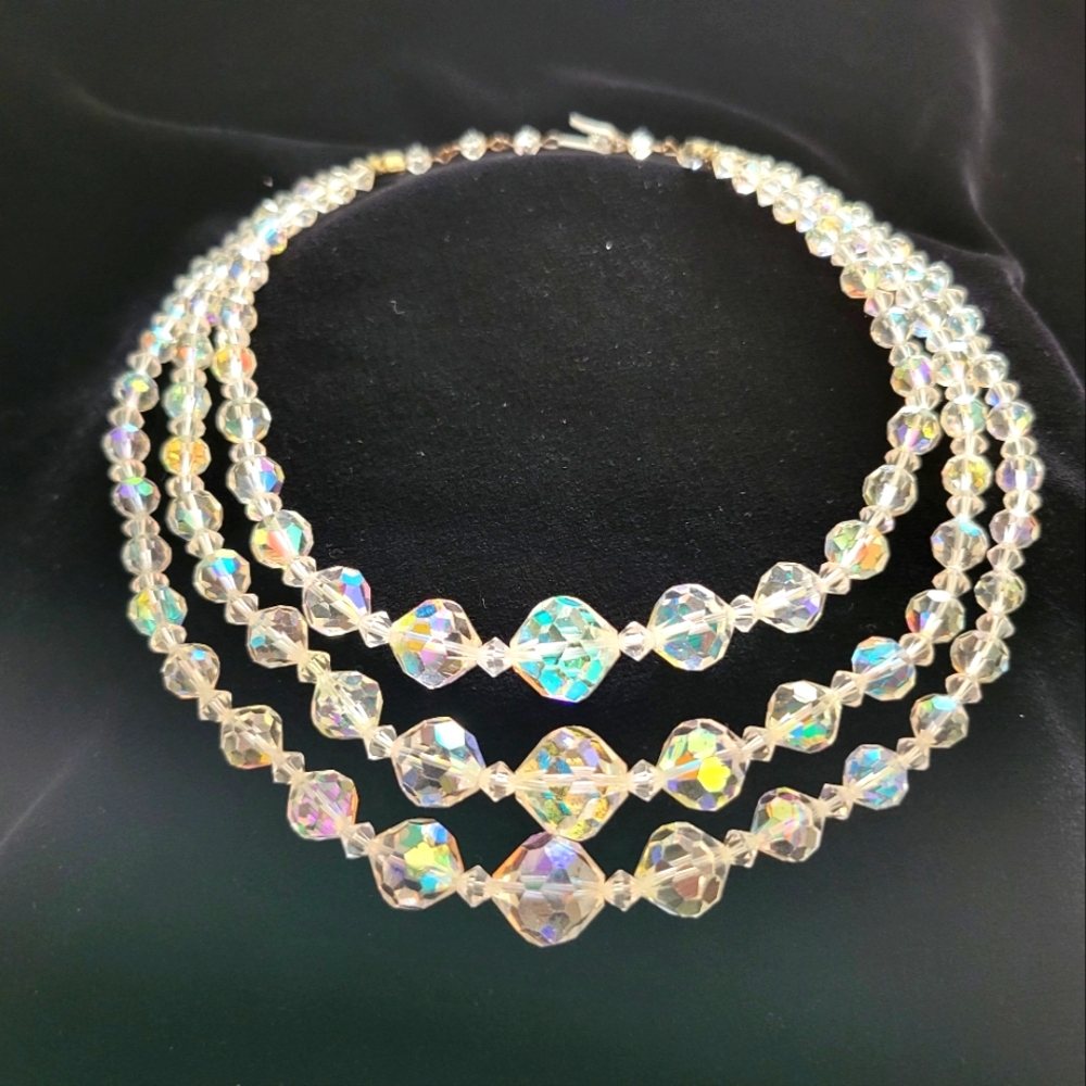 Vintage AB Crystal tri-strand necklace